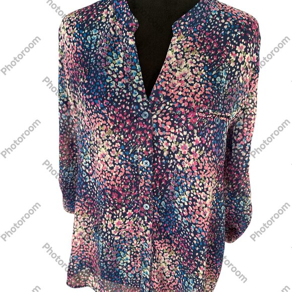 Kut from the Kloth Blue & Pink Medium Floral 3/4 Rolltab Sleeve Sheer Blouse - Picture 1 of 6